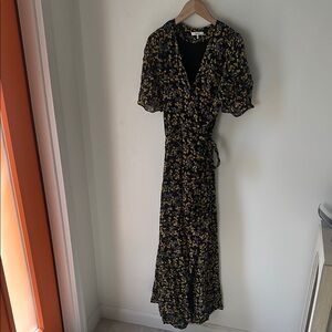 Ganni Black Wrap Maxi Dress with Yellow Floral Print